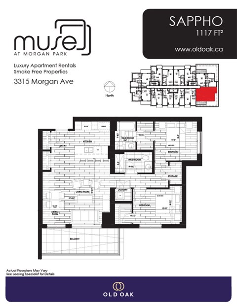 Floor plan for 2 beds, 2 baths, 1117 sqft